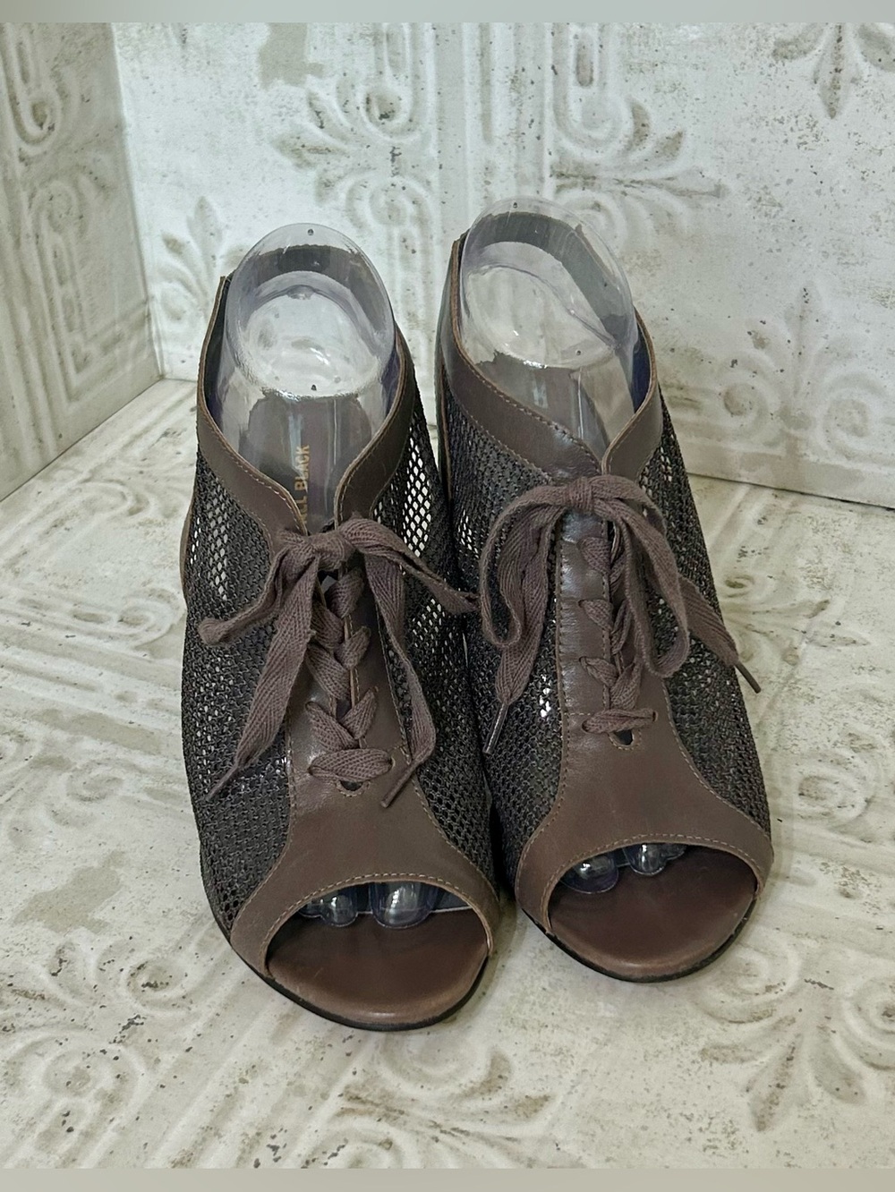 ALL BLACK Brown Mesh Leather Lace Up Peep Toe Slingback Wedge Sandal Bootie 9.5